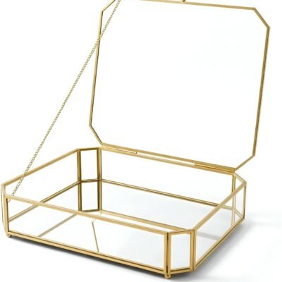 Large Glass Boxes for Display Handmade, Mirrored Bottom, Glass Jewelry Box with Lid, Trinket Box Book Photo Keepsake Organizer, Display Case for Vanity Decor Home Dresser, Octagon Shape, Gold