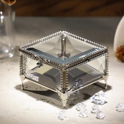 Glass Vintage Jewelry Box Keepsake storage Trinket Ring Display Box Home Decor Beveled Clear Glass Box Organizer(3.3x3.3x2.3Inches)