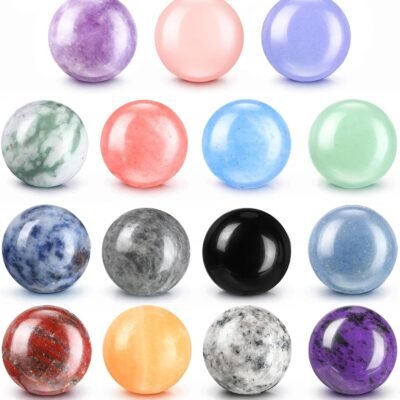 15 Pcs Gemstone Sphere Balls 0.8 Inch Polished Crystal Sphere Bulk Multi Style Witch Ball Tones Gemstones Pocket Palm Crystals for Witchcraft Meditation Reiki Balancing