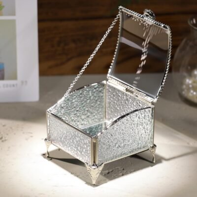 Glass Vintage Jewelry Box Keepsake storage Trinket Ring Display Box Home Decor Baked Curved Clear Glass Box Organizer(3.8x3.8x3Inches)