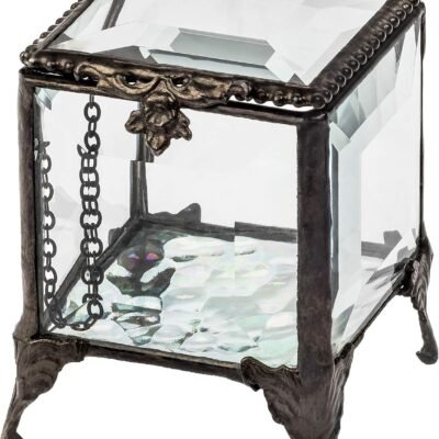 Clear Beveled Glass Jewelry Box (Box 153) - Crystal Square Trinket Keepsake Container on Delicate Legs - Handcrafted Tiffany Style Ring Display Gift for