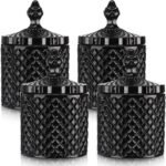 4 Pcs Crystal Glass Candy Jar Set with Lids Home Decorative Storage Jars for Apothecary, Bathroom, Kitchen, and Pantry, Ideal for Cotton Swabs and Jewelry(Large,Black)