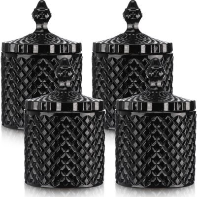 4 Pcs Crystal Glass Candy Jar Set with Lids Home Decorative Storage Jars for Apothecary, Bathroom, Kitchen, and Pantry, Ideal for Cotton Swabs and Jewelry(Large,Black)